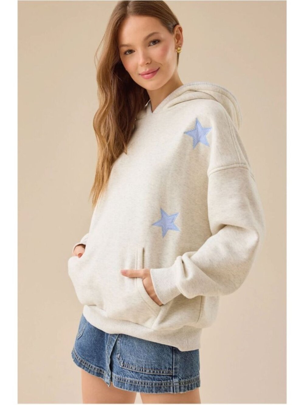 NWT Altar'd State Icon Star Hoodie Gray Blue Patch Pullover XL